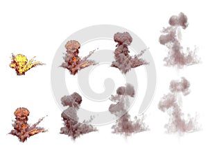 Many images of big air bomb explosion mushroom cloud with fire and fume isolated on white background - 3D illustration of objects