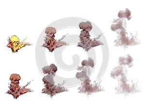 Many images of huge bomb bang mushroom cloud with fire and flames isolated on white background - 3D illustration of objects