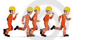 Many industrial workers are running on white background