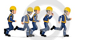 Many industrial workers are running on white background