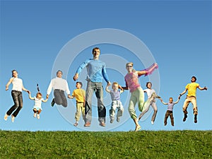 Many jumping families on the grass, collage