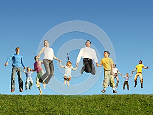 Many jumping families on the grass, collage photo