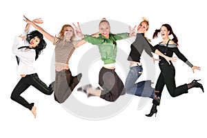 Many jumping girls on white, collage