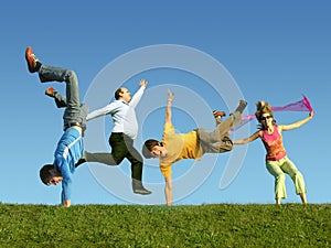 Many jumping people on the grass, collage