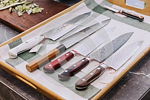 Many kind of Sharpen Japanese kitchen knives with empty price tag