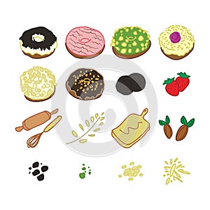 Many kinds of donut,  ingridient and equipment