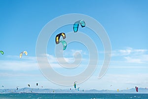 Many kite surfers with their kite parachutes in the air on the beach of Tarifa