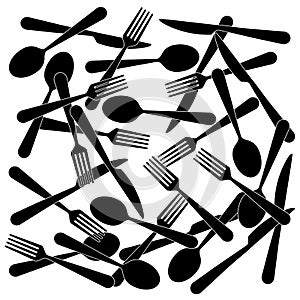 Many knives, forks and spoons are mixed up