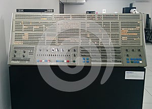 Many labeled lights & switches on a vintage IBM computer