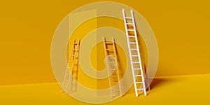 Many ladders with one longer than the others against yellow box background, business success, career or standing out concept