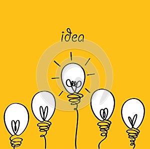 Many lamps. Light bulbs icon concept of idea. Vector on yellow b