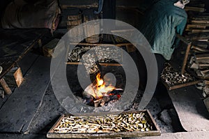 Many large porcini mushrooms dry near the fire in the old wooden house of shepherds in mountains photo