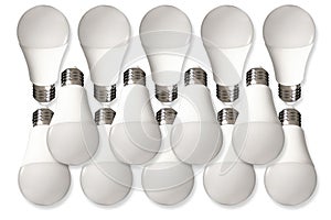 Many led bulb light and energy-saving lamp on table on white background
