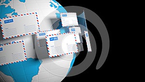 Many letters fly in a circle. Internet mail. Delivery of correspondence worldwide. 