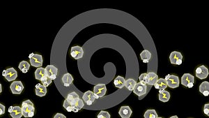 Many light bulb floating in air on black background. Creativity concept. 3D polygon illustration of glowing light bulb. Loop.