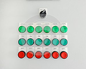 Many lighting bulb signs show status of machine on, off and warning on gray cabinet or grey background in control room.