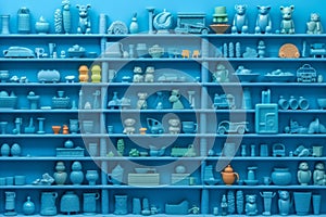 Many little blue objects arranged neatly in rows on shelves, collection of weird little funny objects, generative AI