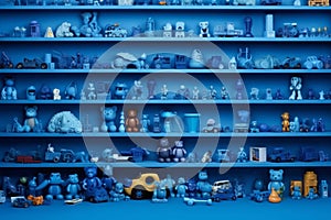 Many little blue objects arranged neatly in rows on shelves, collection of weird little funny objects, generative AI