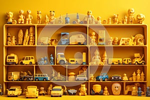 Many little yellow objects arranged neatly in rows on shelves, collection of weird little funny objects, generative AI