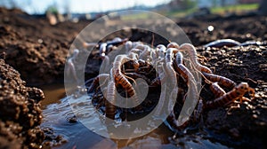 Many living earthworms for fishing in the soil, background Generative AI