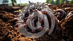 Many living earthworms for fishing in the soil, background Generative AI