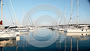 many luxury moored sailing yachts in the seaport, the concept of a summer vacation, a luxurious lifestyle and wealth