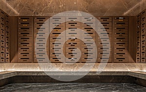 Many mail boxes made from brown wood were placed on first floor in condo