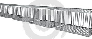 Many metal cages isolated on a white background.