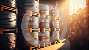 Many metal kegs of beer in regular rows