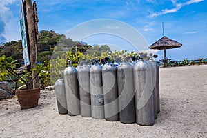 Many of Metal scuba diving oxygen tanks