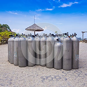Many of Metal scuba diving oxygen tanks