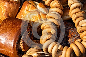 Many mixed breads and rolls shot from above