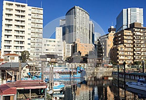 Many modern buildings in Tokyo, Japan