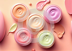 Many Moisturizer creams on pink background, AI Generated