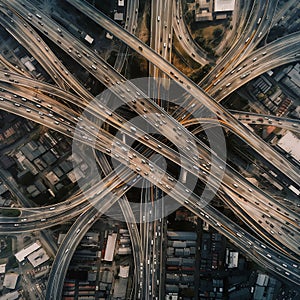 Many motor roads highways on top of each other, a large traffic intersection, top view