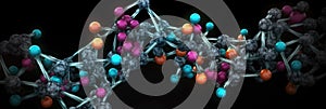 Many multi-colored molecules on a dark background. Abstract structure for science or medicine. banner