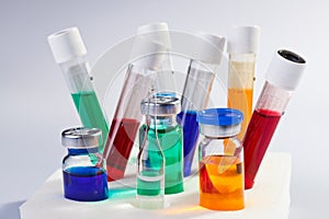 Many multicolor test tubes and bottles