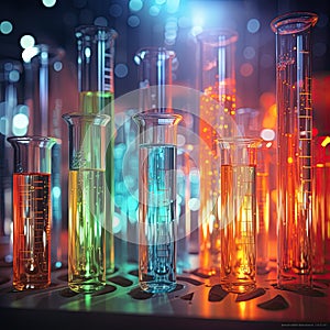 Many multicolor test tubes with liquid, science laboratory test tubes, lab equipment for research new medical