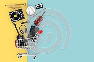 Many Musical Instruments Falling in Shopping Cart. 3d Rendering