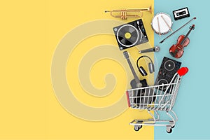 Many Musical Instruments Falling in Shopping Cart. 3d Rendering