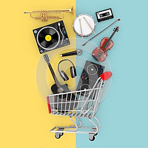 Many Musical Instruments Falling in Shopping Cart. 3d Rendering