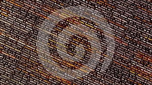 Many narrow lines of abstract program code are written automatically on black background. Animation. Working program