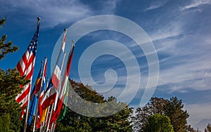 Many national flags in a park in Switzerland in Autumn