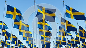 Many National flags of Sweden on flagpoles in front of blue sky.