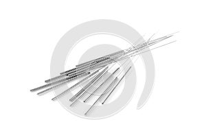 Many needles for acupuncture on white background