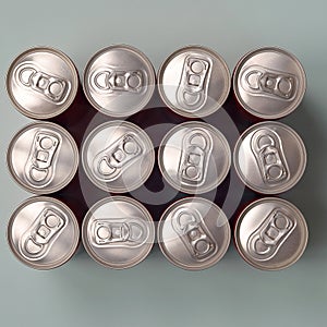 Many new aluminium cans of soda soft drink or energy drink containers. Drinks manufacturing concept and mass production
