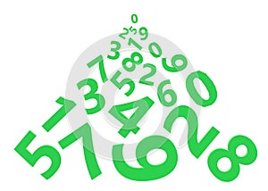 Many numbers numerical values in green of different sizes falling cascading down white backdrop
