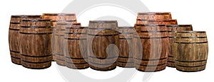 Many oak barrels cask group isolated on a white background, exposure and bring the taste of wine