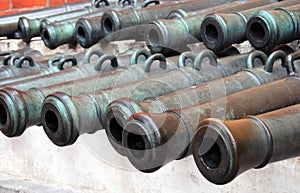 Many old cannon barrels in Moscow Kremlin. UNESCO Heritage Site.