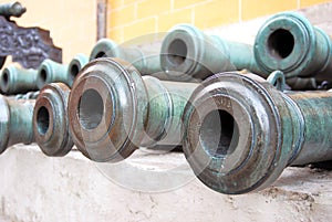 Many old cannon barrels in Moscow Kremlin. UNESCO Heritage Site.